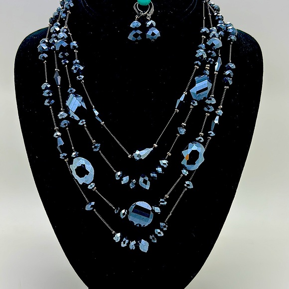 Black Cut Glass Beaded Four Strand Necklace w/Matching Dangle Earrings/16”-20” - Picture 1 of 4